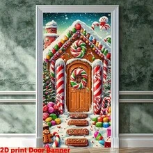 2D Door Hanging Decor, 1pc Christmas Door Hanging Backdrop 35.4x70.8 Inch Vivid Polyester Fiber Holiday Decoration, Featuring Red Star Sky, Gingerbread House And Snowy Landscape Design, No Power Needed, Suitable For Porch, Party, Wedding, Birthday, Front Door And More, 2D Flat Design