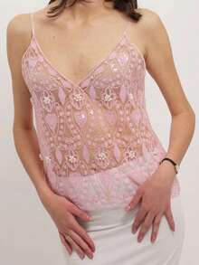 Sequin Cami Tops For Women Y2k Sleeveless V Neck Spaghetti Strap Slim Fit Camisole Summer Casual Going Out Tank Tops Club Streetwear - Hồng - Xem 2