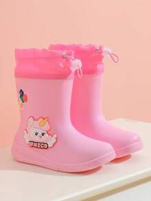 2025 New Children's Mid-Calf Rain Boots, Thick Warm Durable Rubber Boots, Cute Cartoon Drawstring Design, Waterproof, High-End Rubber Shoes, Girls Elementary School Students Minimalist Mid-Calf Rain Boots, Sturdy Construction