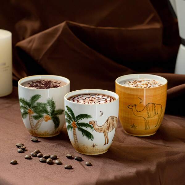 Set Of 3 Desert Camel And Palm Tree Design Ceramic Coffee Mug - Arabic Espresso Cup, Reusable, Machine Washable, Perfect For Family Gatherings And Special Occasions, Desert Themed Gift, Desert Coffee Mug | Desert Themed Decor | Durable Ceramic Mug, Coffee Mug, Saudi National Day Gift