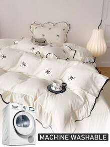 2/3 pièces Set de couette en polyester avec broderie papillon blanc, double volant, parure de lit vintage mignonne pour toutes les saisons, couette respirante et douce (1 couette + 1/2 taie d'oreiller, rembourrage non inclus)