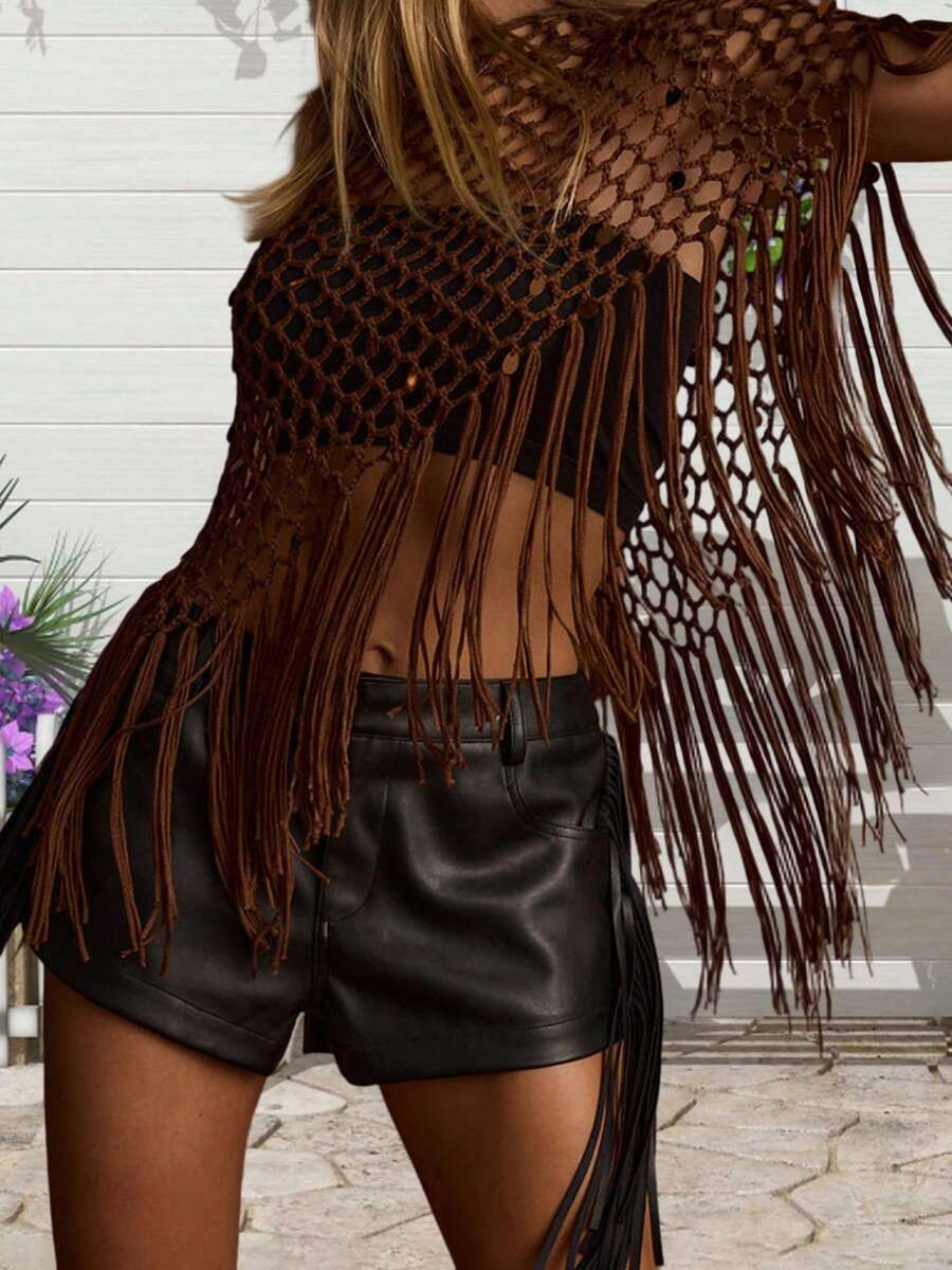 Women's Sheer Ponchos Off Shoulder Hollow Out Crochet Shaw T-Shirts Tassel Knit Tops - Dark Brown - View 1