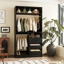 Freestanding Closet System With 2 Hanging Rods & 3 Open Drawers & 3 Shelves - 黑色 - 查看 2