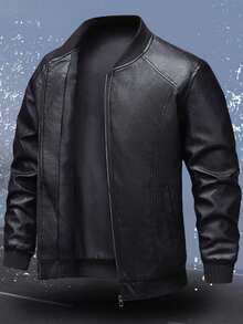 运动户外秋装防风防水外套推荐男士上衣运动服狩猎骑行日常休闲PU皮大衣、羊毛 - 黑色 - 查看 1