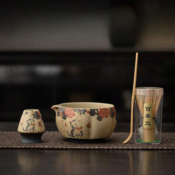 4pcs 550ml Firestone Red Matcha Tea Set, New Japanese Ceramic Matcha Bowl, Natural Antique Texture, Includes Matcha Scoop, Chasen Holder, Tea Caddy Stand, Gift Box, Suitable For Gifts, Holidays, Daily Reuse