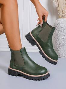 Women's Fashionable 2024 Autumn/Winter Green Chelsea Ankle Boots, Women's Elegant Low Heel Faux Leather Princess Boots, Solid Color Fashionable Retro Elegant Casual Outdoor Festival