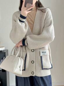 Spring New Contrast Stitching Pocket Design Loose Knitted Cardigan Coat Simple Casual Versatile Women's Sweater - Beige - View 5