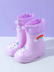 2025新款儿童中筒雨靴加厚保暖耐用橡胶靴可爱卡通抽绳设计防水防滑男女童小学生高档雨鞋清新款式 - 紫羅蘭色 - 查看 2