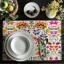 1/4pcs/10pcs Floral Pattern Table Runner & Placemat Set, Mexican Day Of The Dead Atmosphere Festival Table Decor Fabric Flags, Decorations, Gift Table Runner & Placemat Set Suitable For Indoor And Outdoor Celebrations, Seasonal Party Supplies, Kitchen Dining Table Decor, Party Table Decor, Home Room Decor Table Flags, Restaurant Decor Tablecloth