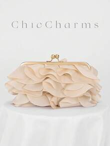 Women's Elegant Floral Petal Clutch Bag, Ruffle Design Handbag For Evening Party, Apricot Color Purse, Suitable For Wedding/Vacation/Formal Event/Prom, Comes With Chain Strap, Random Petal Shape, Wedding Items - Apricot - View 2