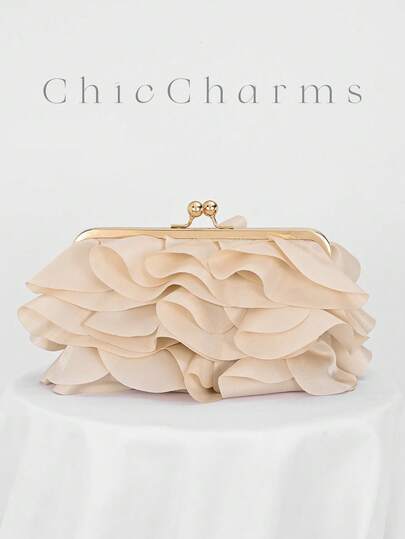 Women's Elegant Floral Petal Clutch Bag, Ruffle Design Handbag For Evening Party, Apricot Color Purse, Suitable For Wedding/Vacation/Formal Event/Prom, Comes With Chain Strap, Random Petal Shape