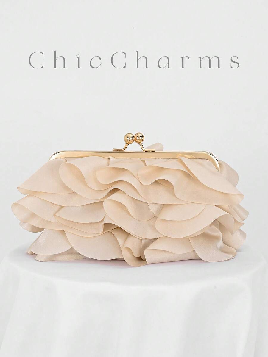 Women's Elegant Floral Petal Clutch Bag, Ruffle Design Handbag For Evening Party, Apricot Color Purse, Suitable For Wedding/Vacation/Formal Event/Prom, Comes With Chain Strap, Random Petal Shape, Wedding Items