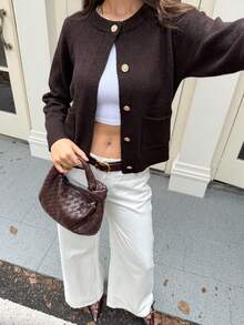 FOR BEAUTY 女士圆领单排扣长袖针织开衫，时尚简约，百搭休闲街头风，适合日常通勤，女士春季上衣 - 棕色 - 查看 4