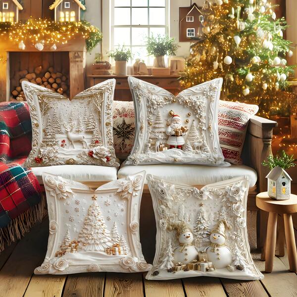 1pc White Three-Dimensional Christmas Pattern Cover Decorative Pillowcase Square Cushion Cover ,Santa Claus Tree Deer Snowflake Snowman Gift Box Tree And Other New Visual Pattern Designs And Other Pattern Soft Pillow Cover For Christmas Party Home Room Sofa Chair Decorations Xmas Ornament, Christmas Cushion Cover,