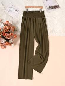 Women's Solid Color Elegant Versatile Pleated Wide Leg High-Waist Pants - Army Green - View 4