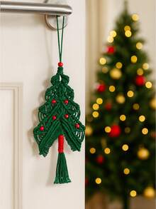 1pc Christmas Green Macrame Tree Decoration, Handwoven Christmas Ornament With Red Beads And Tassels, Christmas Tree Holiday Doorknob Hanger, Holiday Home Decor, Christmas Party Decoration, Mantel Decoration Christmas Decorations Room Decor Winter