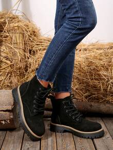 2025 新款女士时尚黑色绒面系带靴，高品质独特，经典黑色百搭，可调节鞋带和鞋底，圆头低跟雪地靴，冬季户外休闲踝靴 - 黑色 - 查看 5