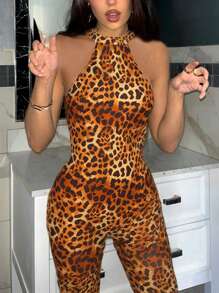 夏季豹纹露背吊带连体裤，颈部系带，修身