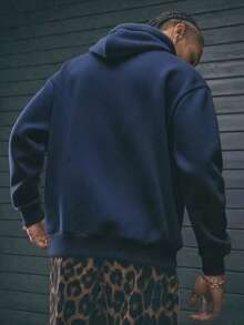 GRDR Men's Casual Street Hooded Sweatshirt, Solid Color With Thermal Lining, Loose Fit, Autumn/Winter - Navy Blue - View 7