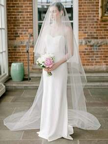 1 tấm mạng che mặt cô dâu dài bằng vải tuyn màu nude hai lớp, thích hợp cho đám cưới, đạo cụ chụp ảnh, văn phòng đăng ký kết hôn, lễ cưới tại nhà thờ, kèm lược chải tóc trang phục mùa thu dành cho phụ nữ - trắng - Xem 4