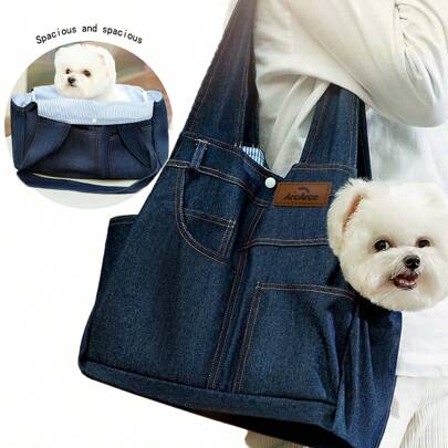 Denim Pocket Dog Carrier Bag, Portable Handheld Crossbody Shoulder Bag For Teddy, Cats, Pets, Outdoor Backpack With Wide Opening Design Cat Carrier Cat Backpack Bike Trailer