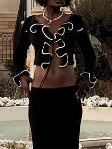 Women's Tie Front Knit Cardigan Solid Color/Contrast Color Long Sleeve Ruffled Cropped Sweater - Black - View 7