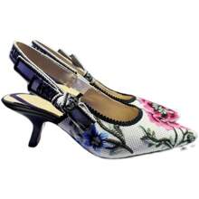 Rose Embroidery L Sandals Women 2025 New Bow Cat Heel Baotou Knitted Fabric High Heels