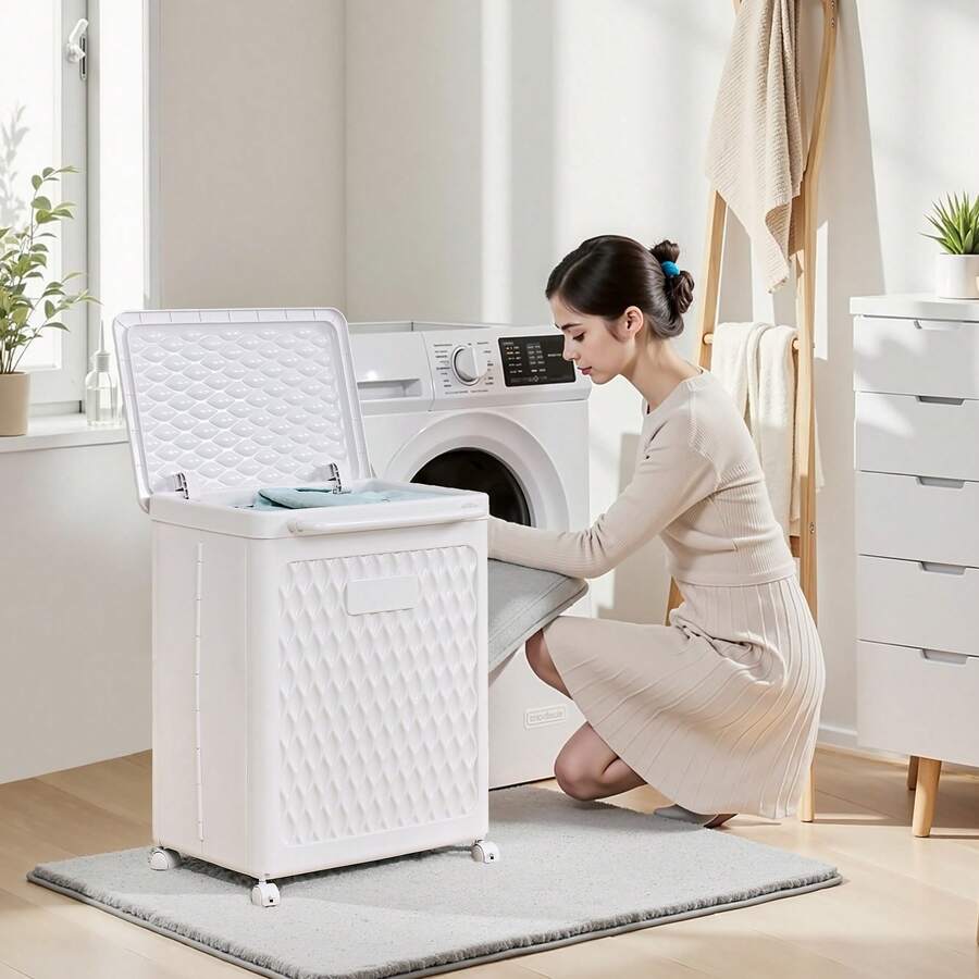 VECELO White Laundry Hamper With Wheels & Lid - 2-Section Rolling Storage Basket, Lockable Casters For Home Closet Organizer, 19x14x19 Inch - trắng - Xem 1