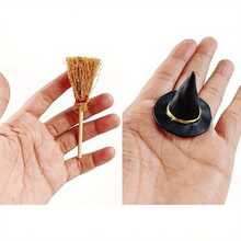 12Pcs Mini Witch Hats Brooms Set Halloween Party Decorations Supplies Witch Hat Broom Party Table Scatter For Halloween Birthday Wedding DIY Crafts