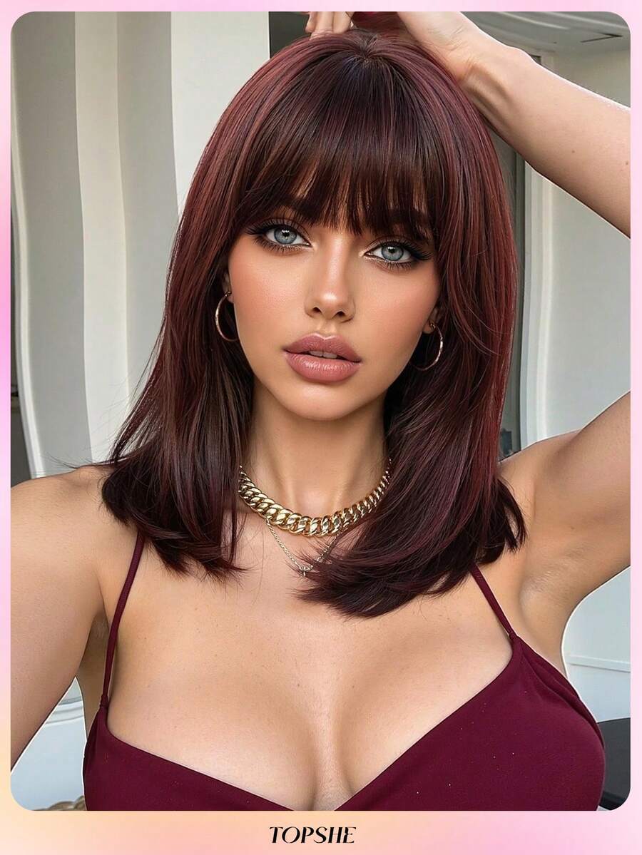 Atmungsaktive und bequeme 14-Zoll-Bob-Perücke mit Pony, burgunderrot, gerade, schulterlang, Perücken für Frauen, hitzebeständiges synthetisches Haar, für Alltag, Party, Festival