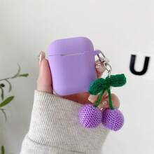 1pc Soft Silicone Shock-Proof Earphone Case In Violet + Plush Cherry Hanging Decor Bluetooth Earphone Case Compatible With Apple 1st/2nd/3rd/Pro/Pro 2nd Generation, Creative Design For New 4th Generation