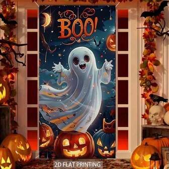 2D 门帘，1 件万圣节派对涤纶门帘，带有可爱的鬼魂和南瓜图案，35.4x70.8 英寸，2D 平面打印，无需电源，适用于万圣节、生日派对装饰照相亭道具、多用途室内/室外入口装饰