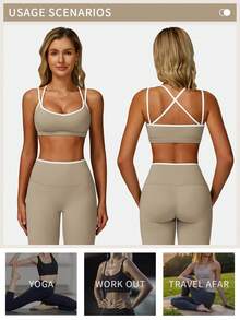 MFVIM Women's Linen Contrast Color Bra And Yoga Pants Set - White Trim Cute Backless | Tight And Breathable, Suitable For Yoga, Fitness And Outdoor Sports - Light Grey - View 6
