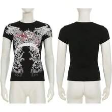 Grunge Shirts Emo Clothes Teen Girls Vintage Graphic Tee Y2k 2000s Goth Top Women Mcbling Short Sleeve StreetwearHalloween Christmas New Year 2026 - Đen Đỏ - Xem 7