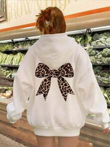 Winter Clothes For WomenCasual Simple Leopard Print Bow Sweatshirt, White Long Sleeve Oversized Hoodie For Women, Thick Plush For Fall/Winter,Long Sleeve Tops Autumn And WinterLoose And Comfortablesudaderas De Mujer - 黑色 - 查看 7
