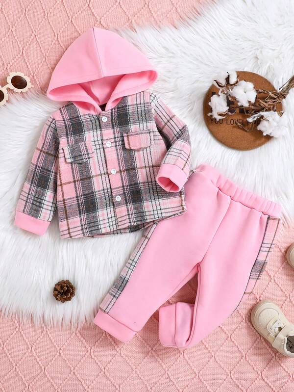 Autumn/Winter Sweet Plaid Baby Girl Set, Plaid Hooded Cardigan + Plaid Patchwork Pink Pants 2pcs Set (Thermal Lining In Hat And Pants), Casual, Suitable For Daily Wear, Outings, Gifts