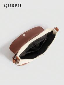 QURBII 1pc Fashionable Fabric & Faux Leather Patchwork Design Baguette Underarm Bag, Versatile Chic Shoulder Bag Handbag, Rivet Accent Shoulder Bag, Phone Pouch Small Bag, Suitable For Women Office, Commute, Date, Shopping, Casual, Vacation, Beach, Music Festival, Party, Wedding, School