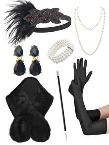D EXCEED 4/6/7 件 1920 年代头饰配饰套装 - 仿羽毛头带、手套、珍珠项链、珍珠手链、长耳环、派对/万圣节服装配饰、渔网袜 - 黑色 - 查看 10