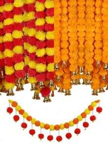 MEHELANY 1Pc Marigold Garland With Bell 5.08FT Artificial Marigold Wreath Faux Flowers, Yellow & Orange Plastic Marigold Faux Hanging Halloween Thanksgiving Day Diwali DIY Decorations, Mexican Wedding Decorations Artificial Flowers, Fake Flowers Fall Garland Christmas Decor, Flower Garland Strands, Day Of The Dead Altar Marigold Flower Strips