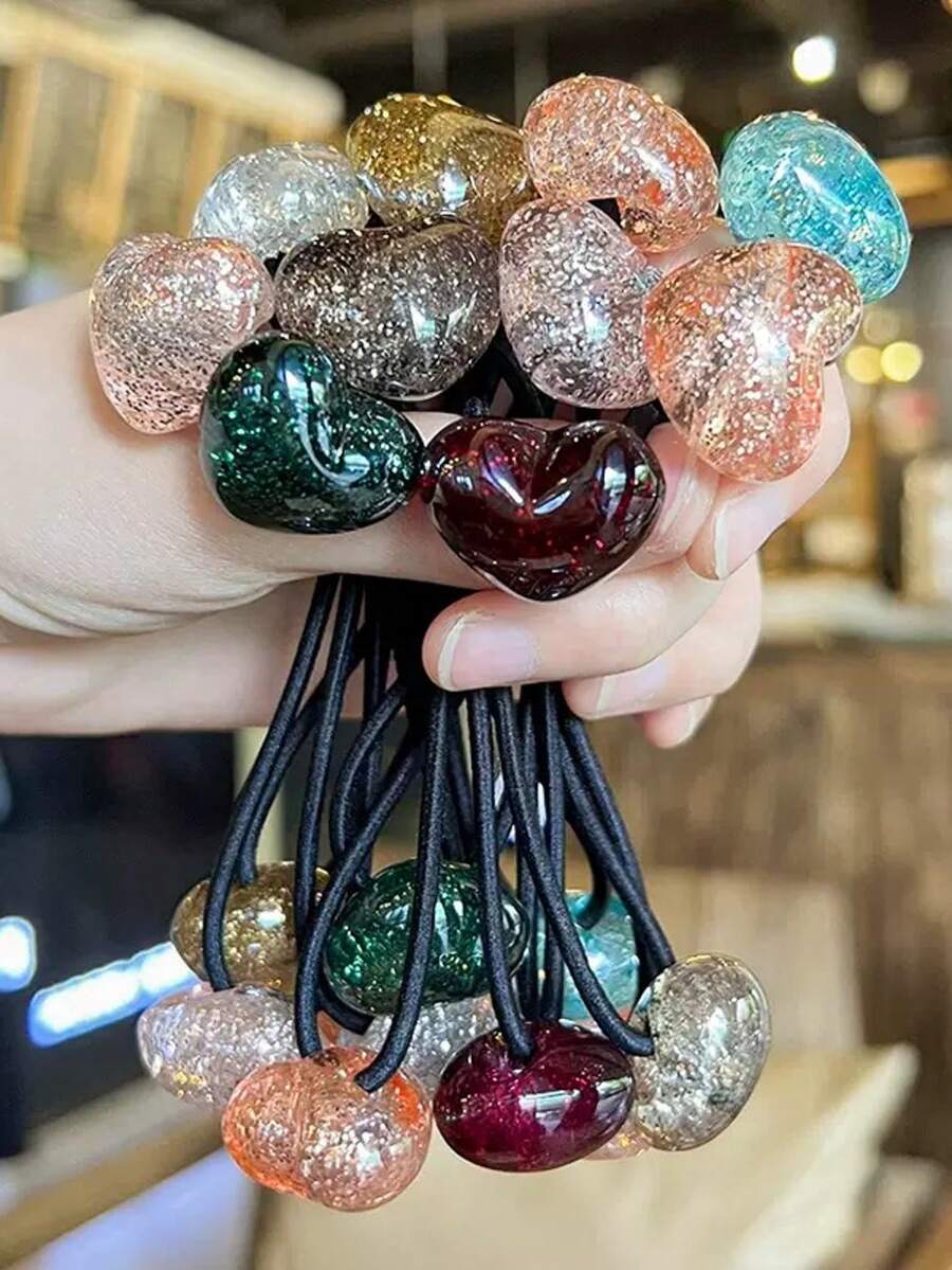 5pcs Colorful Heart Shaped Hair Scrunchies, High Elasticity Brown Hair Ties, Double-Ended Ponytail Holders, Damage-Free, Sturdy, Suitable For Daily Use, Home Beauty Women Accessory Gifts, Hair Elastics, Hair Rubber Bands, Hair Rope Head Accessories