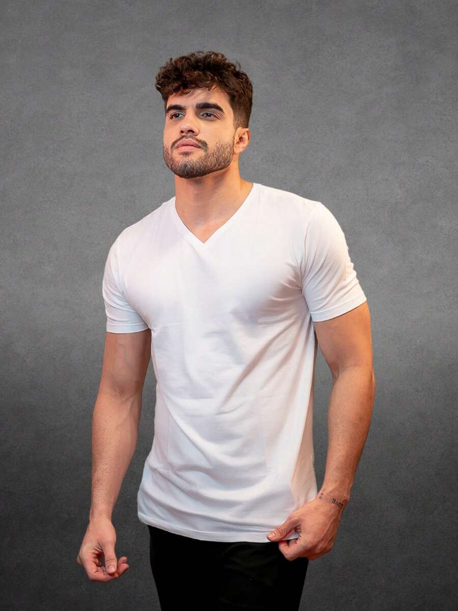 Men's Slim Fit V-Neck T-Shirt Premium Egyptian Cotton - trắng - Xem 1