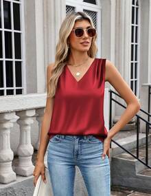 Women's Silk Satin Camisole Ruched Formal Casual Sleeveless Shirt Summer Business Work Shirt - Đỏ - Xem 5
