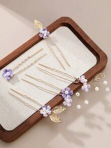 5pcs Handmade Faux Pearl Flower & Leaf Hair Clips, Bridal Wedding Party Accessories Valentine's Day Accessories - Purple - View 3