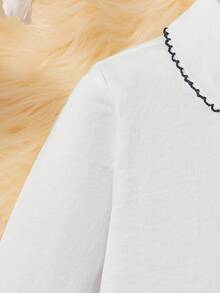 Girls' Polo Shirt, Casual Elegant Ruffle Embroidery Peter Pan Collar Children Long Sleeve T-Shirt, Suitable For 3-12 Years Old Girls, Elementary School Uniform, Preppy Style Collared Long Sleeve Top, Spring Autumn Winter Outerwear - White - View 6