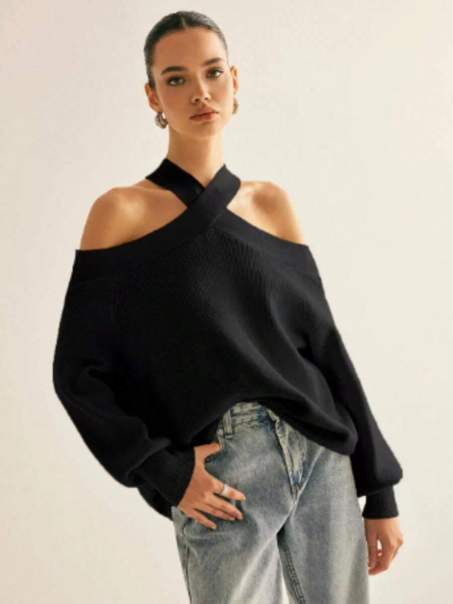 Women's Clothing 2025 Autumn And Winter New Casual Cross Suspender Off Shoulder Sexy Loose Knit Sweater Pullover Sweater For Women - 黑色 - 查看 1