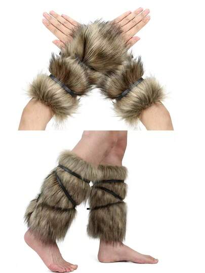 1 Set Medieval Viking Shawl Sleeve Foot Cover, Faux Fur Cloak Scarf For Halloween Costume, Retro Plush