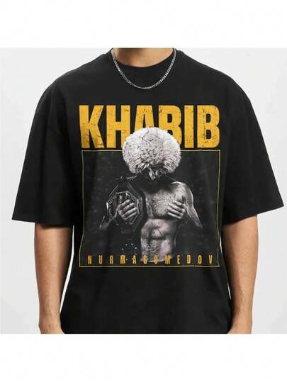 Camiseta gráfica de luchador de MMA Khabib Nurmagomedov - Estilo vintage de los 90, negra con impresión amarilla y blanca, camiseta de algodón de corte relajado para hombres y mujeres, atuendo casual, diseño de impresión duradero, camiseta de uso diario, camiseta vintage, camisa de ajuste cómodo