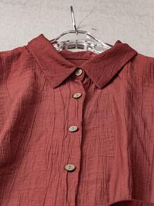 Đầm maxi nữ bằng vải lanh nhăn thoải mái, kiểu dáng thường ngày, cổ bẻ, cài nút, thắt lưng, tay áo dài, thanh lịch cho mùa xuân. - Màu Đỏ Sâu - Xem 3