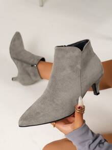 秋冬灰色踝靴，新款秋季优雅简约百搭尖头绒面革侧拉链细跟踝靴，女士靴子 - 灰色 - 查看 6