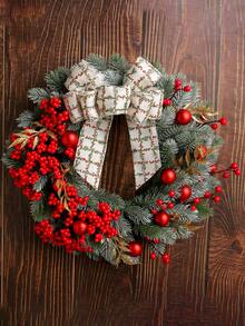 1pc 14.96inch Christmas Red Berry Wreath Decor, Creative Christmas Berry & Bow Vine Wreath For Holiday Home Decor, Suitable For Staircase, Outdoor, Living Room Wall Christmas Decorations Room Decor Winter